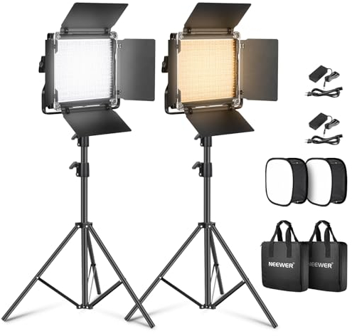 NEEWER 2 Pack Bicolor 660 Panel LED Luz Video y Soporte Kit: 3200-5600K CRI 96+ Dimmable Iluminación Continua con U Bracket y Barndoor, 190cm Soporte de Luz y Difusor Softbox para Estudio Fotografíco