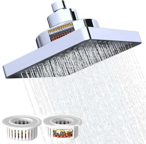 Rainfall Shower Head with Filter, 6 Inch Rain ShowerHead High Pressure Overhead Replacement, Square Fixed Shower Head Adjustable with Swivel Ball, 2 Filter, Chrome