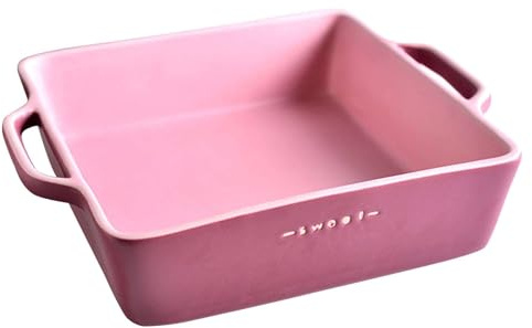 WIHXES Fyrkantig lasagneform med handtag, stor keramisk ugnsform, ugnssäker porslinsform för kök, kakor, stekning, daglig användning (Pink)