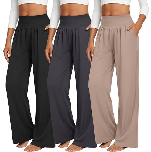 Neer Lot de 3 Pantalons de Yoga Larges pour Femmes Confortables et Élégants avec Poches et Taille Élastique Bas Ouvert