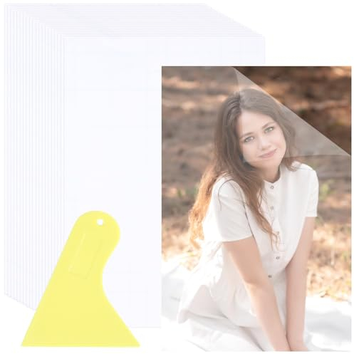 Prasacco 50 Blatt Selbstklebende Laminierfolien, A6 PET Laminierfolien Transparente Glänzende Laminierfolie mit kleinem Schaber Wasserdichte Laminatfolien für Fotos, Gemälde, Poster (16 x 11 cm)