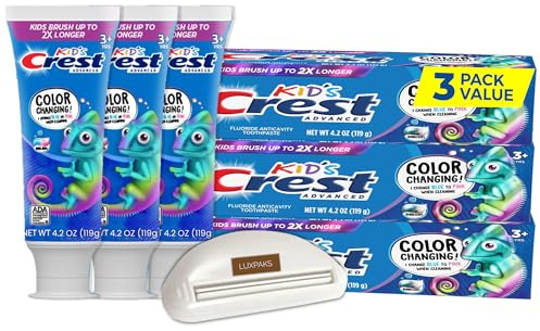CRST Advanced Fluorid-Zahnpasta für Kinder, Kaugummi-Geschmack, 120 ml, 3 Stück, farbwechselnde Antikavitäts-Zahnpasta, gebündelt mit LUXPAKS Squeezer