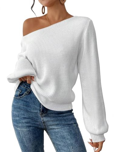 SKAYS Pull à épaules dénudées pour femme - Col asymétrique - Tricot côtelé - Manches longues - Haut léger