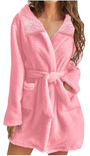 Mrat Vestaglia da donna con cappuccio in pile felpato corto accappatoio in pile orsacchiotto leggero indumenti da notte morbido accappatoio in flanella con cintura pigiama taglie forti comodo