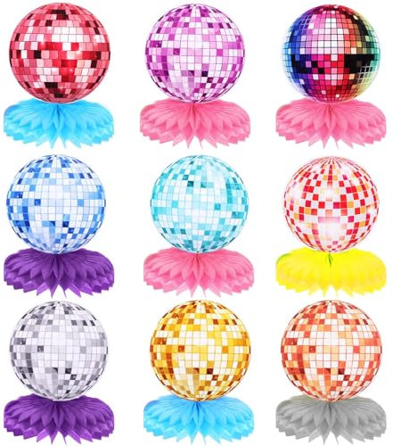70s 80s Disco Ball Table Decorations - Large Vibrant Honeycomb Centerpiece with Stand Up Toppers for Birthday, Hip Hop Theme Party, Anniversary, Christmas (9 Pcs)