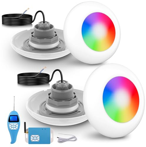 LyLmLe Proiettore Piscina LED con Filettatura Esterna 2, 15W Lampade Piscina RGB Multicolore con Controller e Telecomando, Ø190mm, 12V AC Subacquee Luce per Piscinas Fuori Terra in Acciaio, Set 2