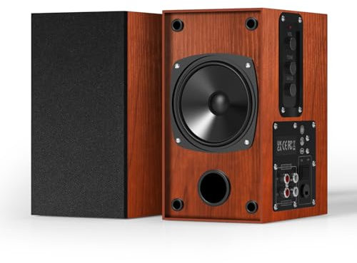 Elimavi Enceinte pour Platine Vinyle & PC - Enceinte Active Bibliothèque 2x30W, Haut-Parleur avec Prise Jack, 4 Woofer Basse, Double Entrée RCA, Structure en Bois, Jaune