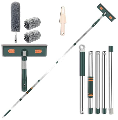 Lavavetri con Manico Telescopico 226 cm,Pulisci Vetri Finestre Professionale,Tergivetro con 3 Tampone Microfibra,Tergipavimento per Pareti di Vetro Bagno Auto