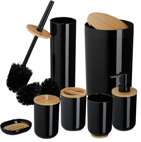 Relaxdays Set Bagno 7 Accessori, Cestino, Scopino WC, Portasapone, Saponetta, Portaspazzolino, Plastica e bambù, Nero