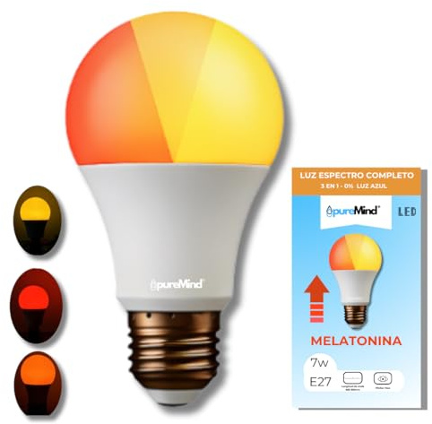 Puremind Spectro Luz Roja Nocturna Melatonina E27 + Ámbar – Lámpara Terapia de Luz Infrarroja + Ámbar para Bienestar - Relajación + Recarga Celular – Dispositivo Antiedad + Antiedad Lumínico
