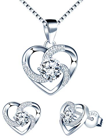 Juego de joyas Yumilok en forma de corazón para mujeres, plata de ley 925 y circonita cúbica, set de collar y pendientes