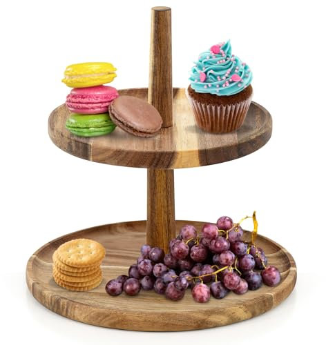 GEEZY 2 Tier Wooden Cake Stand Serving Stand Fruit Platter Tray Dessert Cupcake Holder Acacia Wood Display