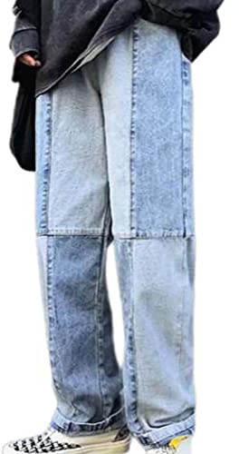 Hommes Patchwork Tie Dye Pantalon Taille Haute Baggy Jeans 90's Style Bas Denim Pantalon Vintage Harajuku Hip Hop Streetwear jeans pour hommes (Color : Blue, Size : XL)