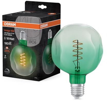 Osram Lamps Vintage 1906 -Lampe grüner Tönung,4,5W,180lm,Kugel-Form 124mm Durchmesser&E27-Sockel Lichtfarbe,spiralförmiges Filament,dimmbar,bis zu 15.000 Stunden Lebensdauer,4058075761858,Grün