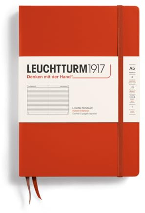 LEUCHTTURM1917 367252 Libreta Medium (A5) 145 x 210 mm, Tapa Dura, 251 páginas numeradas, Fox Red, Lineas