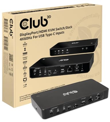 Club 3D 4K60Hz DisplayPort/HDMI KVM Switch/Dock för 2 USB Type-C-ingångar