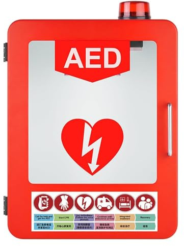 WIKINK AED Defibrillator Storage Cabinet, AED Defibrillator Wall Cabinet with Light and Alarm System, First Aid Cabinet, Partition Position Adjustable, Fits Most AED Defibrillator Models