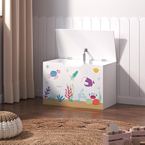 [en.casa] Coffre à Jouets pour Enfant Meuble de Rangement à Couvercle Rabattable Banc à Motif Océan Capacité de Charge 70 kg Panneau de Particules 40 x 60 x 30 cm Blanc