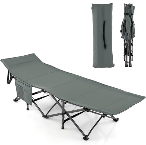SOARS Feldbett klappbar, Campingbett mit Seitentasche & Tragetasche, Stabiles Gästebett bis 272kg belastbar, Gartenliege aus Metallrohr & Oxfordgewebe, Relaxliege für Outdoor, Indoor (Grau)