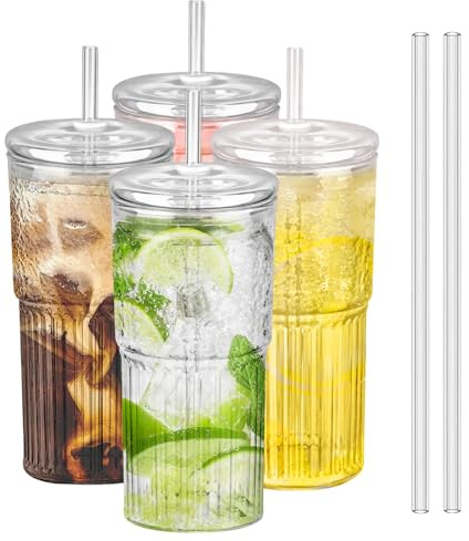 Iced Coffee Cup, 4 Pack 20Oz/600ml Clear Glasses Cups with Lids and Glass Straws Drinking Glasses for Juice, Coffee, Soda,Cocktail,Milk,Ice Water, Cold or Hot Drinks