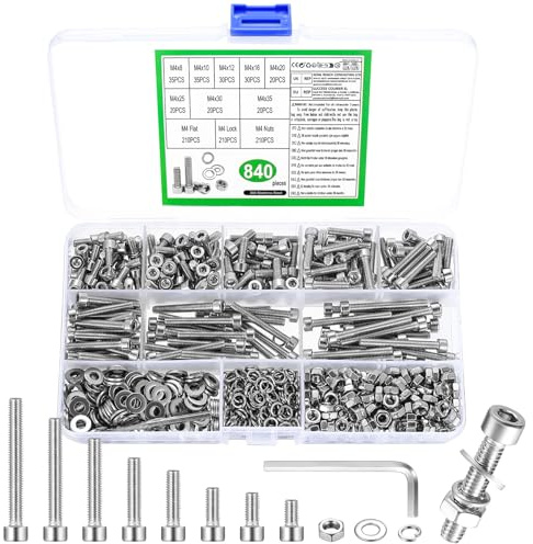 840 Pz Set di Viti M4, Bulloni e Dadi Set, Viti a Testa Bombata Cilindrica con Esagono Incassato in Acciaio Inossidabile, Bulloni a Testa Tonda Esagonale e Dadi, Bullone a Brugola e Rondelle in Inox