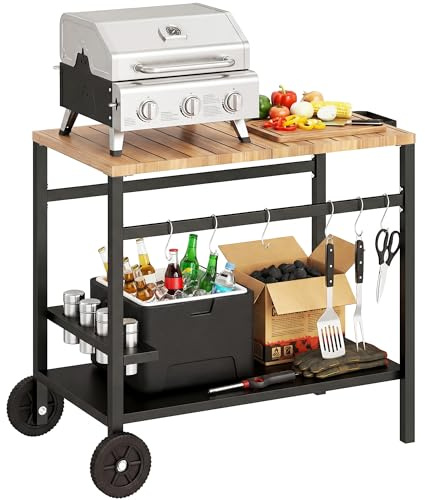 Outsunny Carrito de Barbacoa de 2 Niveles Mesa Auxiliar para Barbacoa Móvil con Ruedas Portabebidas Ganchos Asa Encimera Imitación Madera Mesa de Horno de Pizza para Exterior Negro y Marrón