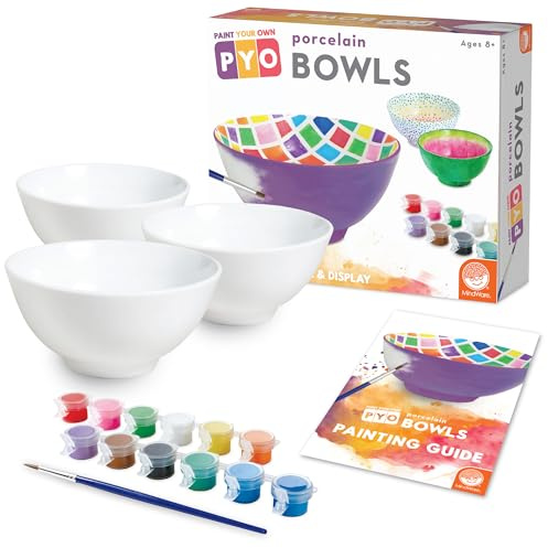 MindWare Paint Your Own Porcelain Bowls for Kids - DIY Craft Kit Makes 3 Bowls, Includes Paint and Brush