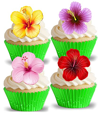 Anglesit Pre-cut Hawaiian Flowers III. Edible Wafer/Rice Paper Cupcake Toppers Cake Decorations Birthday Wedding Easter Baby Shower Mother's Day Party Spring Summer Hawaii Exotic Tropical