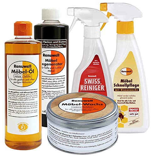 Renuwell Möbel-Regenerator, Möbel-Öl, Möbel-Wachs, Swiss Reiniger & Möbel Schnellpflege mit Bienenwachs (jeweils 500 ml) – 5-teiliges Set zur intensiven Pflege, Reinigung und Schutz von Holz