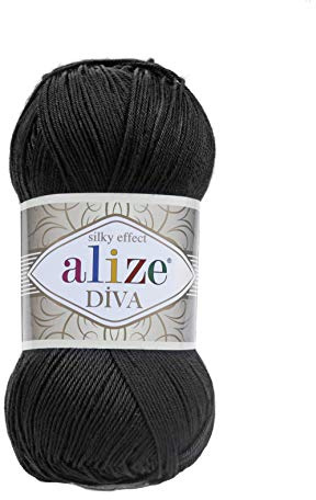Hilo para tejer a mano 100% microfibra acrílico hilo Alize Diva efecto seda hilo ganchillo arte encaje artesanía lote de 4 madejas 400 gr 1532 yardas color (60 negro)