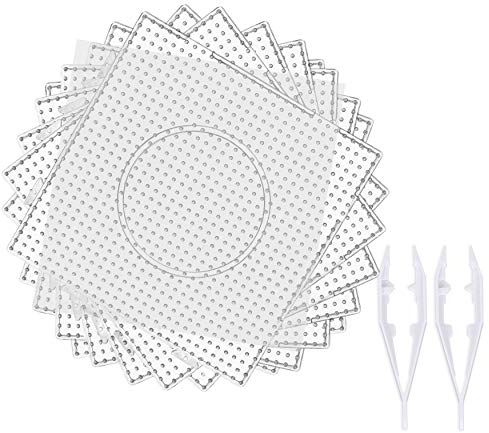 dedoot - Tableros de cuentas Perler, 20 piezas de 5 mm, tableros cuadrados de plástico transparente con diseño de cuentas Perler (9 tablas + 9 papeles de planchado + 2 pinzas de cuentas) para niños