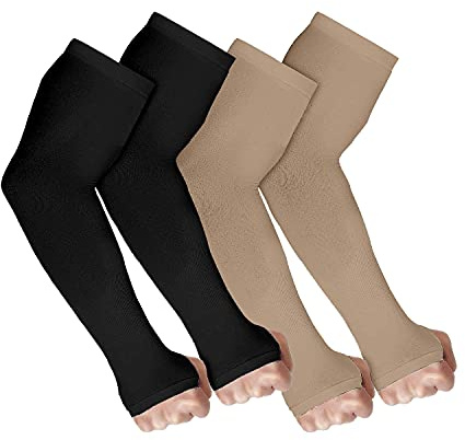 V.E Mangas de brazo con protección solar UV para hombres y mujeres, cubierta de brazo UPF 50 para ciclismo, cricket, ciclismo, golf, deportes al aire libre, 2 pares, negro y color piel, talla única