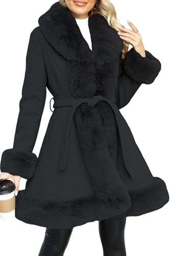 Giolshon Giacca da Donna in Pile di Lana con Collo in Pelliccia Sintetica Parka Lungo Imbottito Imbottito Caldo Cappotto Invernale con Cintura 242A Nero M