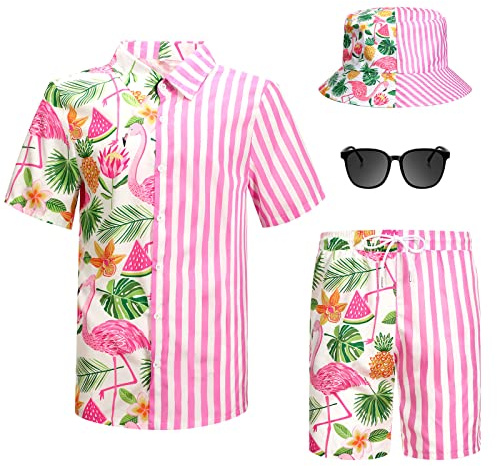 4-delad Hawaii-skjorta och kort set för män, avslappnad button-down-sommar-strand-blommor-outfits med hattar och solglasögon