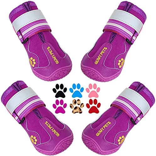 QUMY Chaussures pour chien de grande taille, bottes et protections de pattes pour l'hiver et les jours de neige, promenade en plein air, sols durs d'intérieur Semelle antidérapante Violet Taille 1
