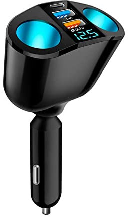 RJSQAQE Répartiteur de prise allume-cigare pour voiture - Lumière d'ambiance bleue - PD QC3.0 - 2 ports USB F3X5 - DVR - 5 ports de charge pour téléphone portable
