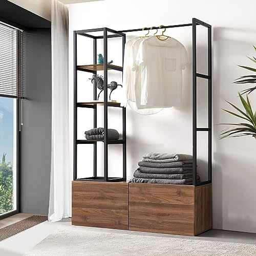 [en.casa] Mueble de Entrada Egmating Perchero Burro con 1 Barra 2 Cajones 4 Estantes Laterales Armario Ropero para Recibidor Vestidor Metal 180 x 120 x 40 cm - Negro y Efecto Nogal