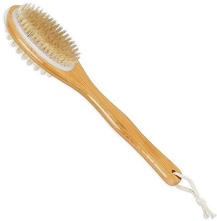 Relaxdays Rückenbürste, doppelseitige Duschbürste, 37 cm lang, Naturborsten und Massagenoppen, zum Duschen, natur/weiß