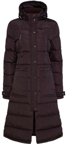 RL24 - Winter Reitmantel für Damen Candice von Equipage | Wintermantel wasserabweisend & atmungsaktiv | langer Mantel in After Dark (Braun) | Steppmantel mit Kapuze | Reitbekleidung in Größe XS
