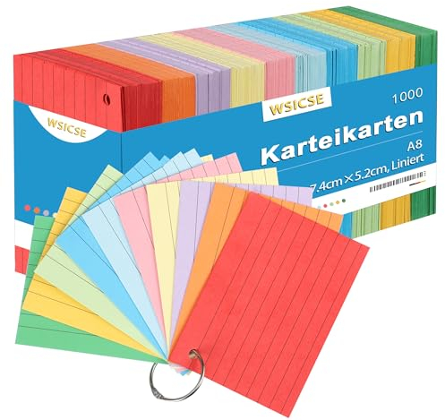 1000 Blätter Karteikarten A8, Linierte Karteikarten 150g/m² Index Cards Blanko Papier Karten Moderationskarten Bunt mit 10 Binderinge für Schule Büro Erinnerung Präsentation (10 Farben)