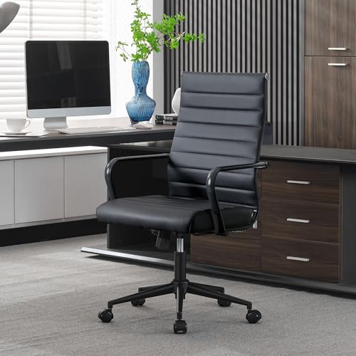 UEV Bürostuhl Ergonomisch Wippfunktion bis 150 kg belastbar Schreibtischstuhl mit Armlehne Drehstuhl Office Chair S-förmige Lendenwirbelstütze gepolsterter Sitz höhenverstellbar aus PU Leder schwarz