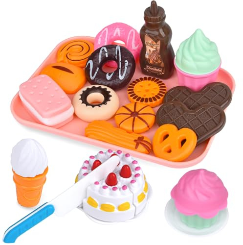 Kinderküche Dessert Set Spielzeug Küchenzubehör Lebensmittel mit Dessertplatte, Lernspielzeug Teeparty Geschenk für Kinder ab 3 Jahren