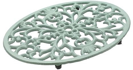 SUMTree Pack of 2 Oval Cast Iron Trivets, Decorative Heavy Duty Hot Pot Holder Mat, Vintage Pattern Cast Iron Trivet with Rubber Pegs for Kitchen Dining Table, 24.5 * 18.5 * 1.8cm, Green