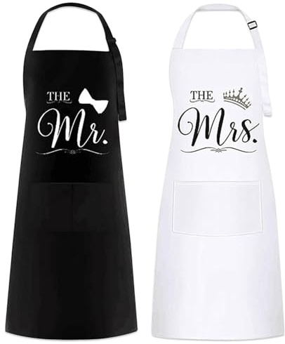 JSTHHTT 2 stycken Mr & Mrs förkläde, köksförkläde med 1 ficka, justerbart förkläde för män och kvinnor, maskintvättbar, förkläde, kockförkläde män, kockförkläde kvinnor (svart och vit), flerfärgad