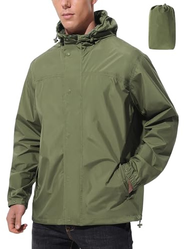 UIQUR Mens Packable Rain Jacket Waterproof with Hood Lightweight Windbreaker Shell Rain Coat for Golf Cycling Running(Army Green, X-Large)