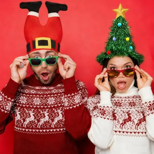 GOFLORDEN Set de 2 gorros navideños: gorro con árbol de Navidad y gorro con pantalones de Papá Noel para adultos, divertidos y originales.