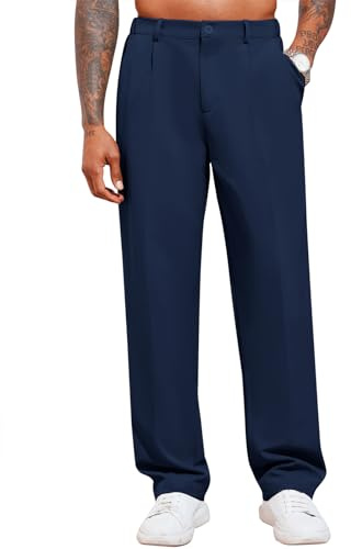 Runcati Pantalones chinos para hombre Pantalones casuales sueltos elegantes Pantalones de traje elegantes Pantalones de tela para hombres Pantalones para negocios, azul oscuro, M