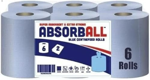 AbsorbAll Blue Centrefeed Paper Rolls – 2-Ply Quilted & Embossed, Super Absorbent & Extra Strong, 6 Roll Pack for Kitchen, Garage, Catering & Commercial Cleaning (6 Pack)