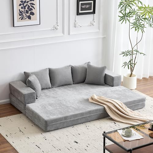 MELLCOM 4-in-1 Convertible Folding Sofa Bed Queen with Armrest and Pillows | Sleeper Sofa Couch , Comfy Fold Out Floor Chaise Lounge, Chenille Foldable Futon Mattress For Living Room, Bedroom (Grey)