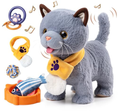 TUMAMA KIDS Jouet interactif chat pour enfants avec 6 musiques, peluche chatons avec télécommande sangle qui marche et aboie, peluche électronique chaton à partir de 2 ans - Marche, miaule, bouge la